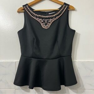 Bisou Bisou M Black Embellished Elegant Chic Classic Sleeveless Peplum Top